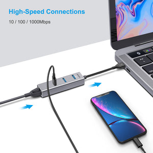 ANWIKE USB 3.0 to RJ45 Ethernet Adapter w/3 Port USB3.0 HUB, Aluminum USB A to Gigabit Ethernet Converter Cable with computer - Gray