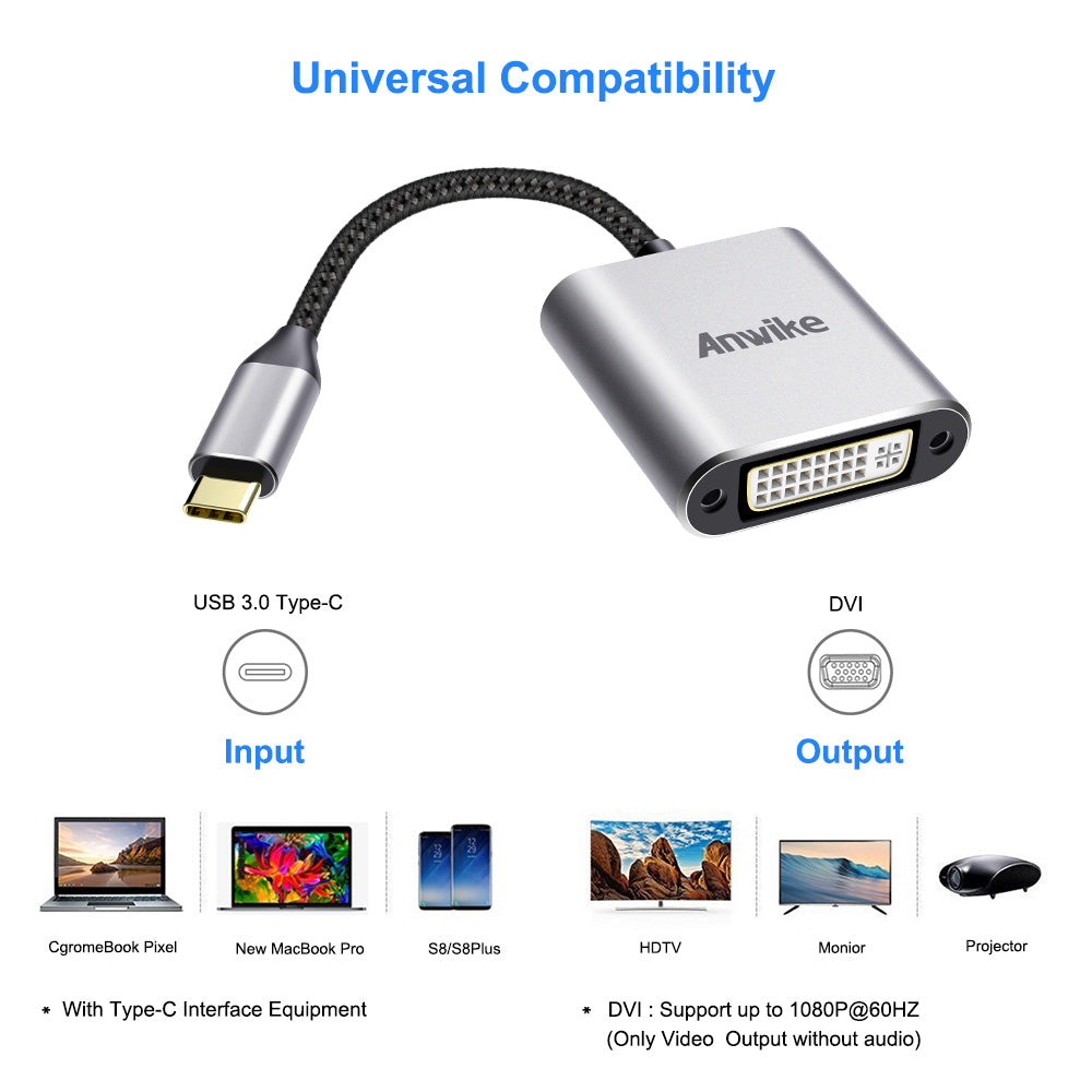 ANWIKE USB C To DVI(Thunderbolt 3 Compatible), Aluminium Type C to DVI Adapter (DP Alt Mode) Compatible MBP 2016/2017/2018 (Gray)